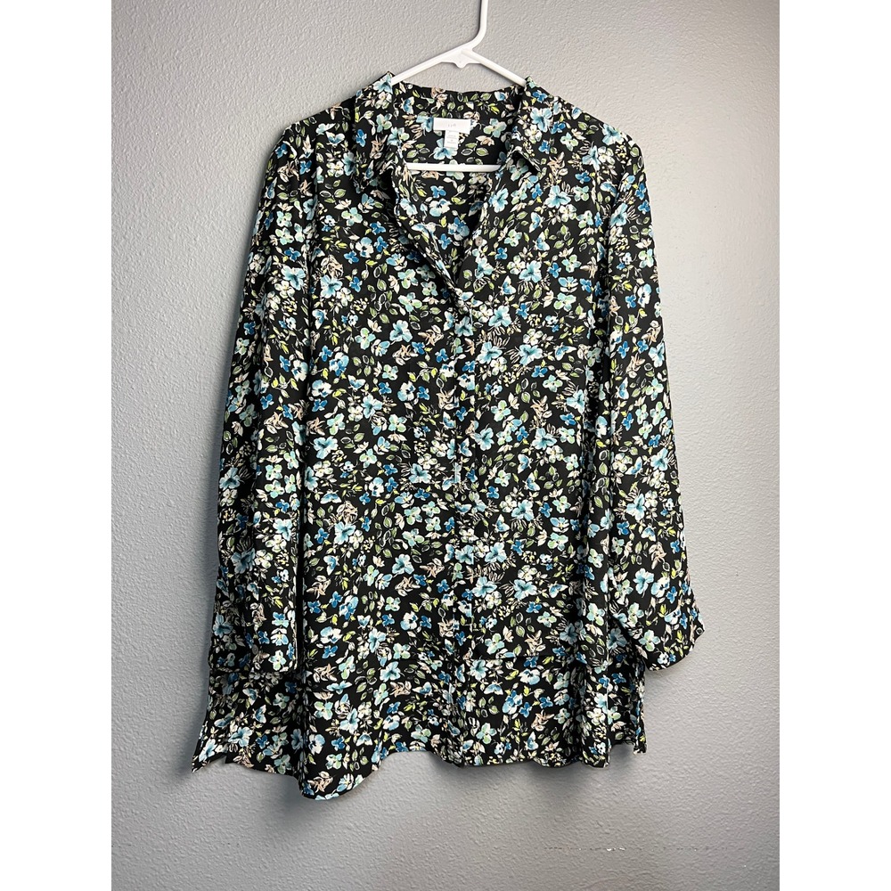 Loft Womens Floral Artsy Print Long Sleeve Button Up Tunic‎ Blouse Black Blue